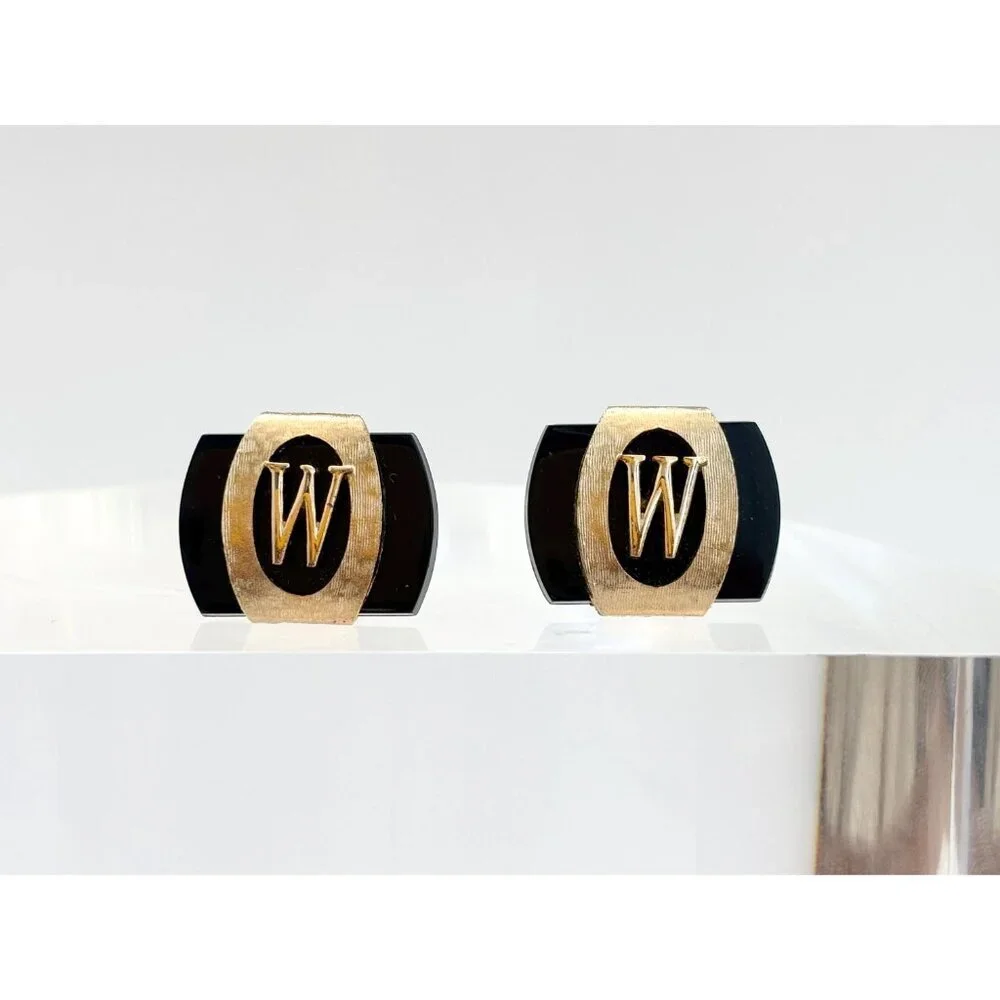 Swank Signed Black & Gold Toned W Emblem 80's Retro Square Vintage Cufflinks